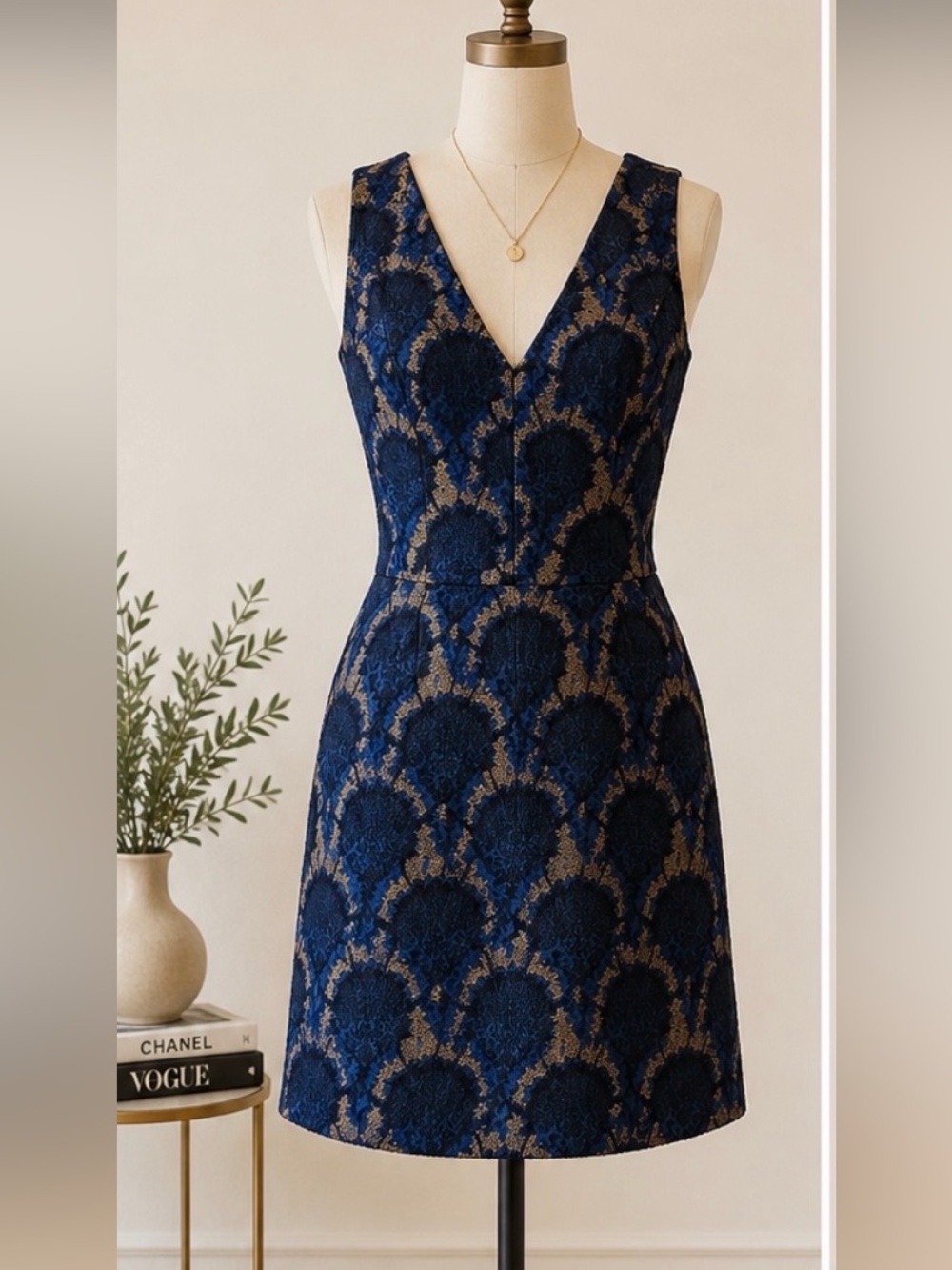 J. Crew Navy and Gold Peacock V-Neck Textured Midi Cocktail Dress
